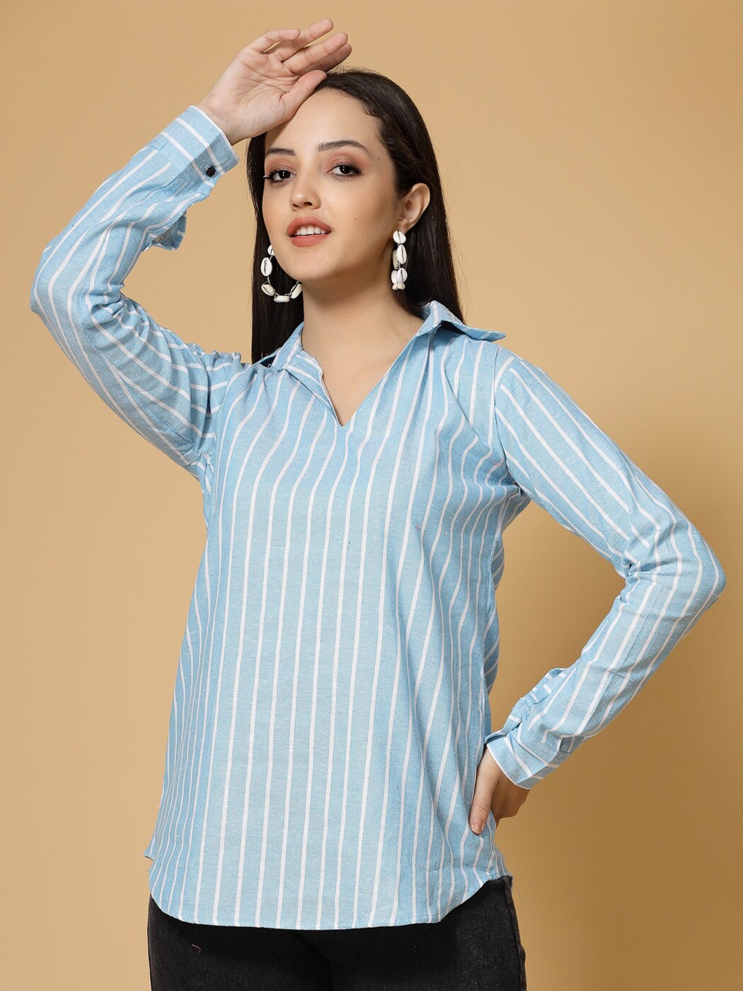 

KALINI Vertical Striped Shirt Collar Cuffed Sleeves Cotton Top, Blue