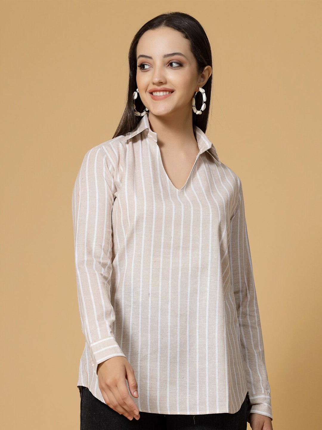 

KALINI Vertical Striped Shirt Collar Cuffed Sleeves Cotton Top, Beige