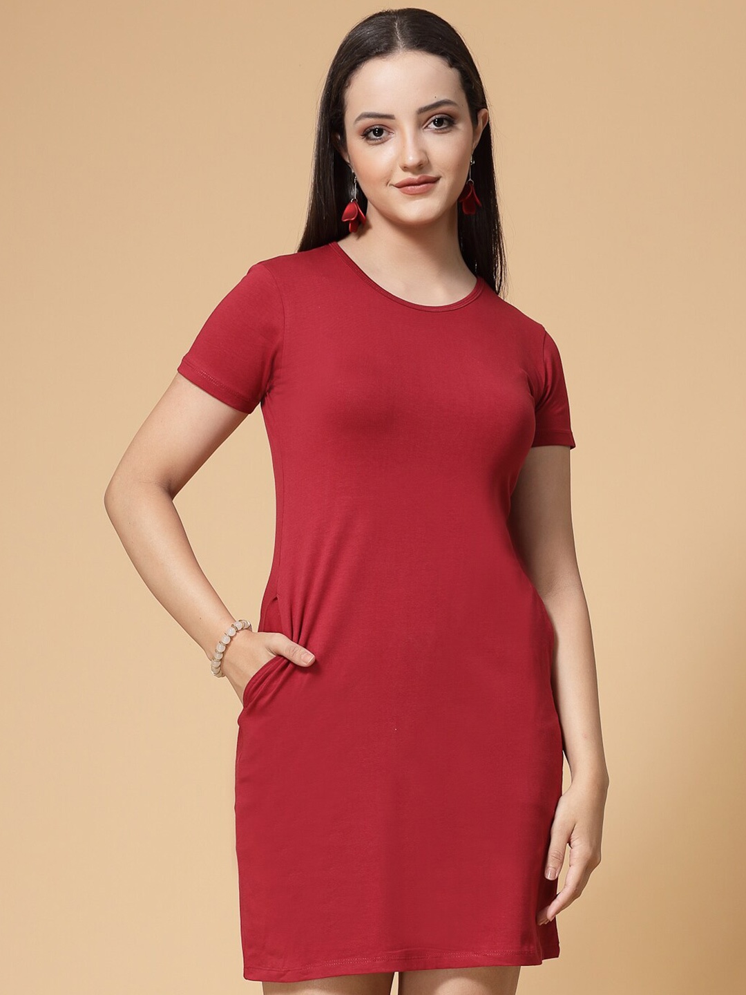 

KALINI Round Neck Cotton Sheath Dress, Red