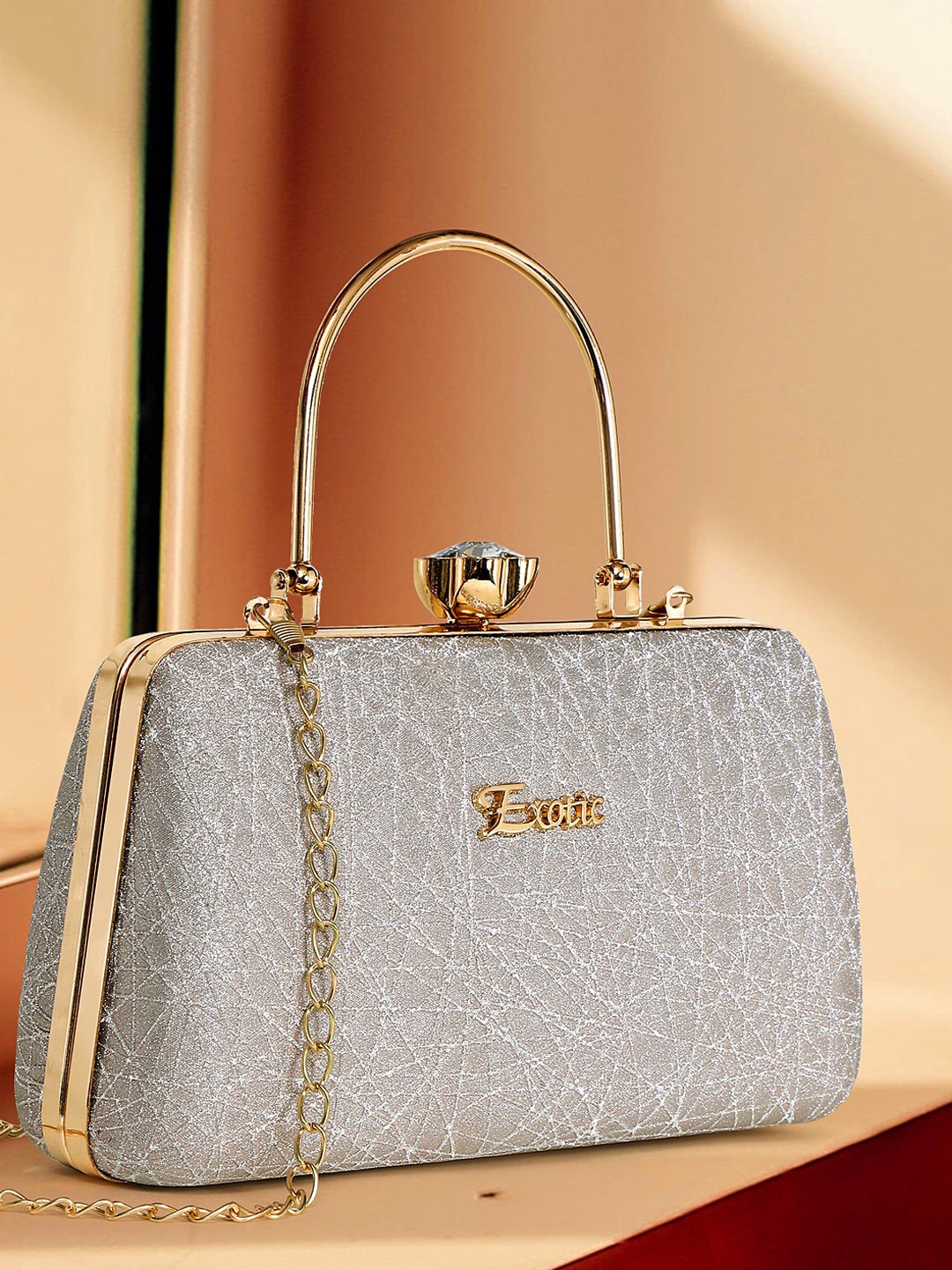 

Exotic Structured Handheld Bag, Silver