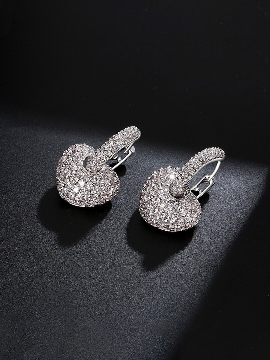 

Jewels Galaxy Silver-Plated American Diamond Studded Heart Shaped Drop Earrings
