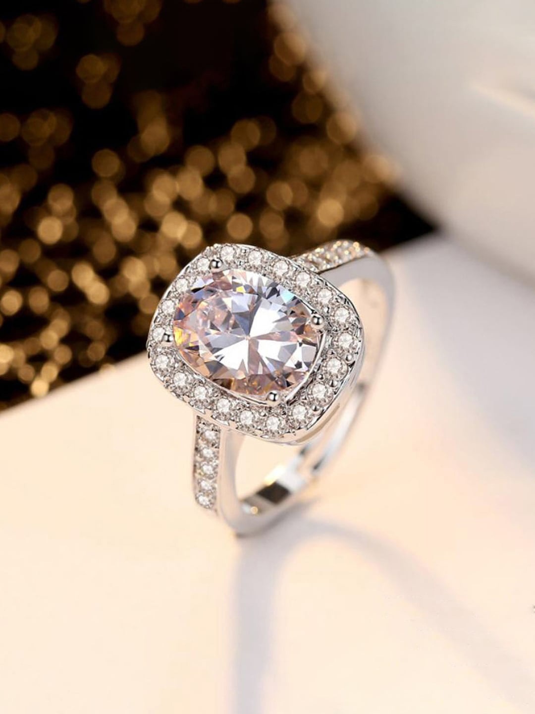 

Jewels Galaxy Silver-Plated CZ Studded Adjustable Finger Ring