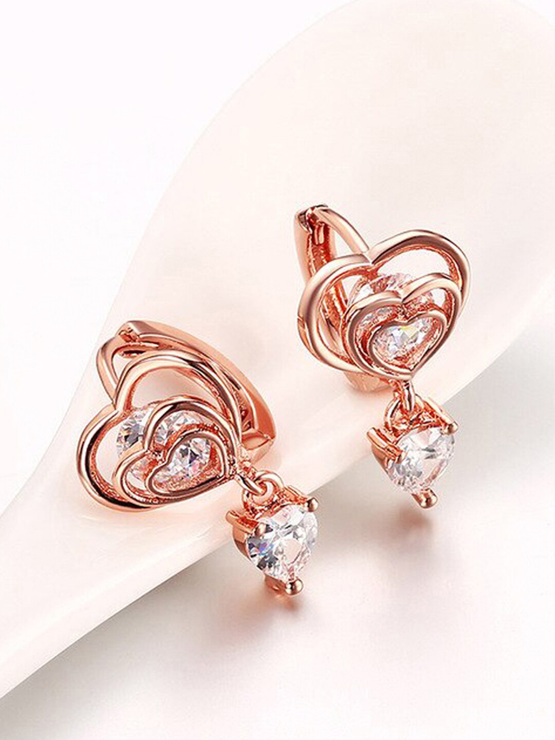 

Jewels Galaxy Rose Gold-Plated American Diamond Studded Heart Shaped Stud Earrings