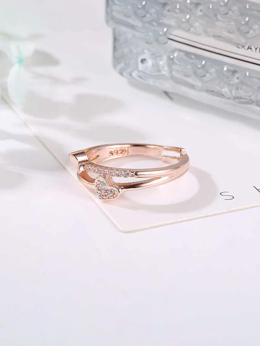 

Jewels Galaxy Rose Gold-Plated Cubic Zirconia Studded Adjustable Finger Ring