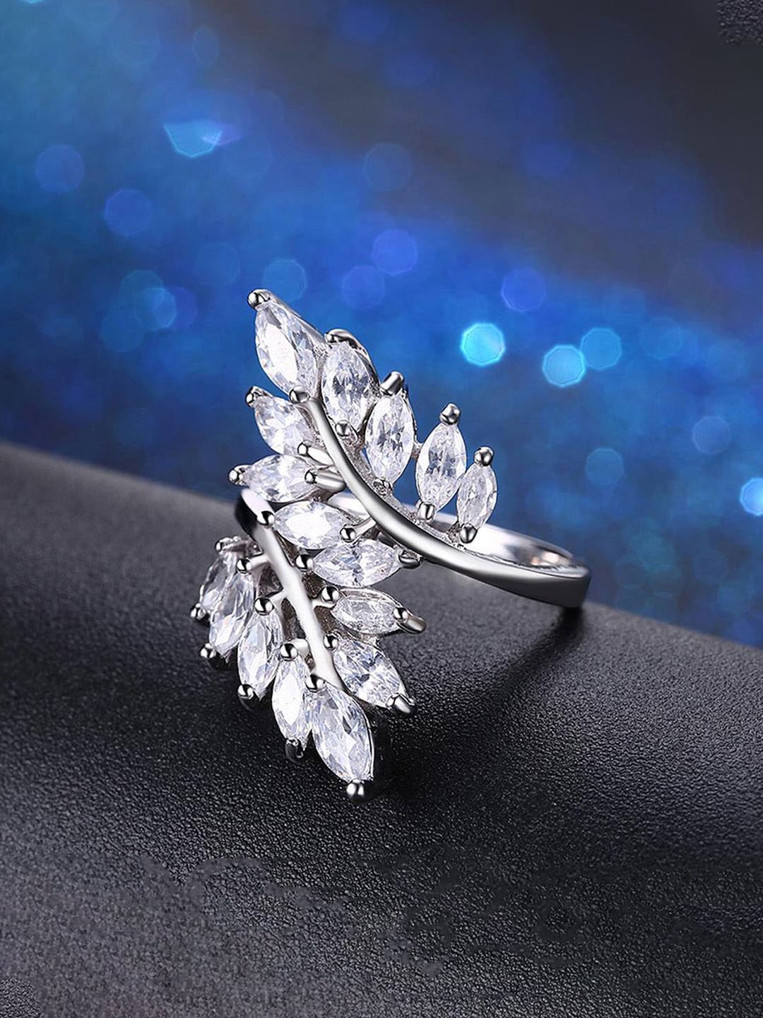 

Jewels Galaxy Silver-Plated CZ-Studded Leaf Shaped Adjustable Finger Ring