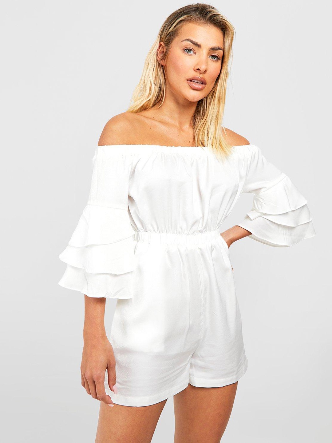 

Boohoo Satin Off-Shoulder Bell Sleeves Playsuit, White