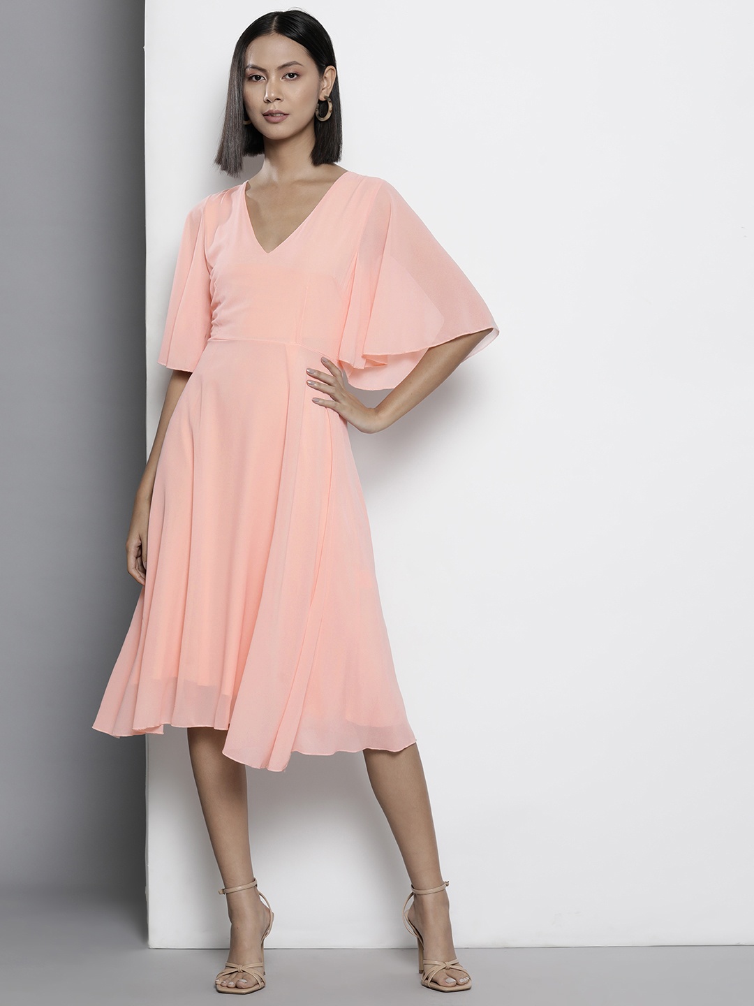 

Boohoo Cape Sleeve Chiffon A-Line Midi Dress, Pink