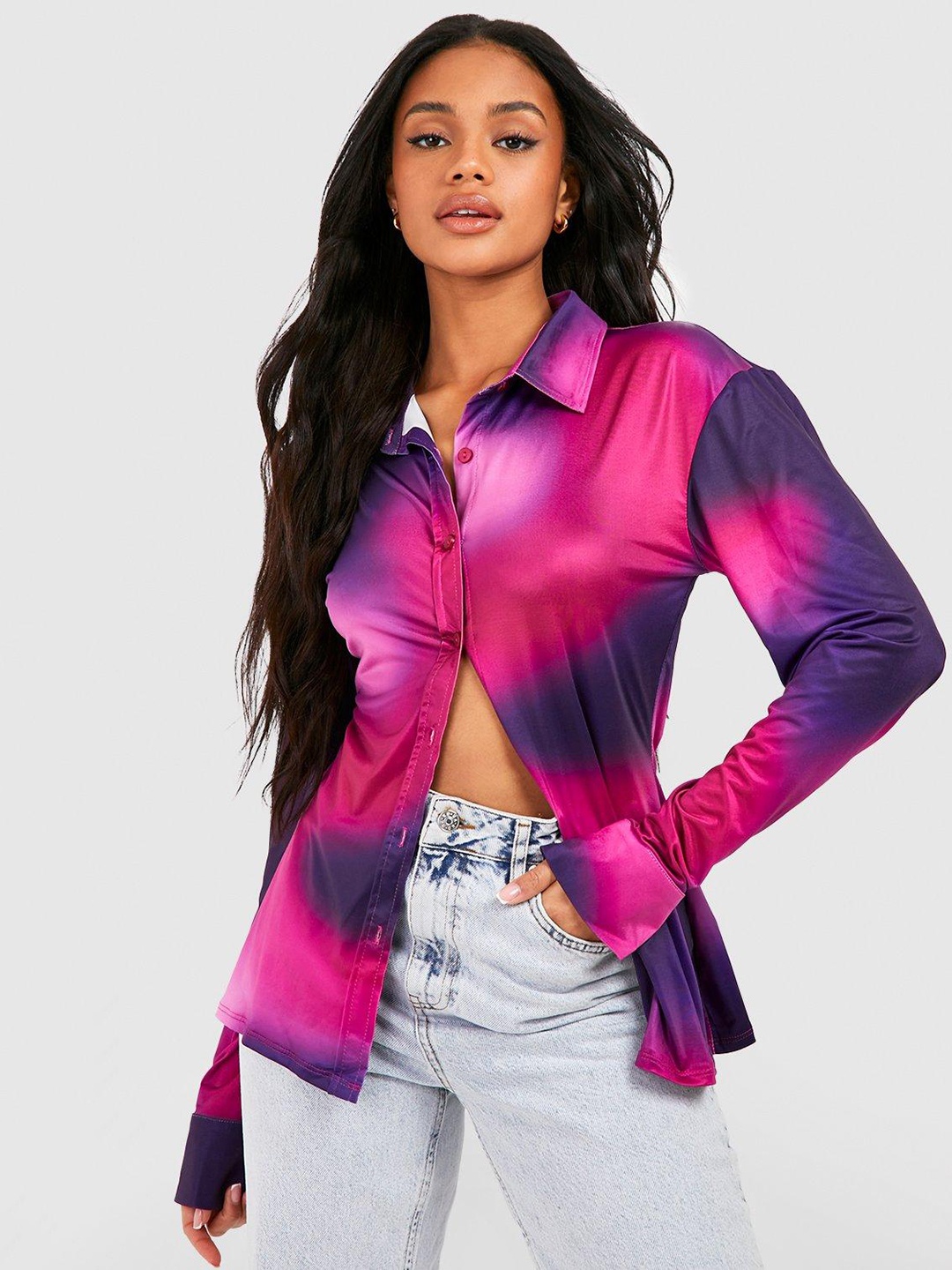 

Boohoo Tie & Dye Printed Drop Sleeves Casual Shirt, Pink