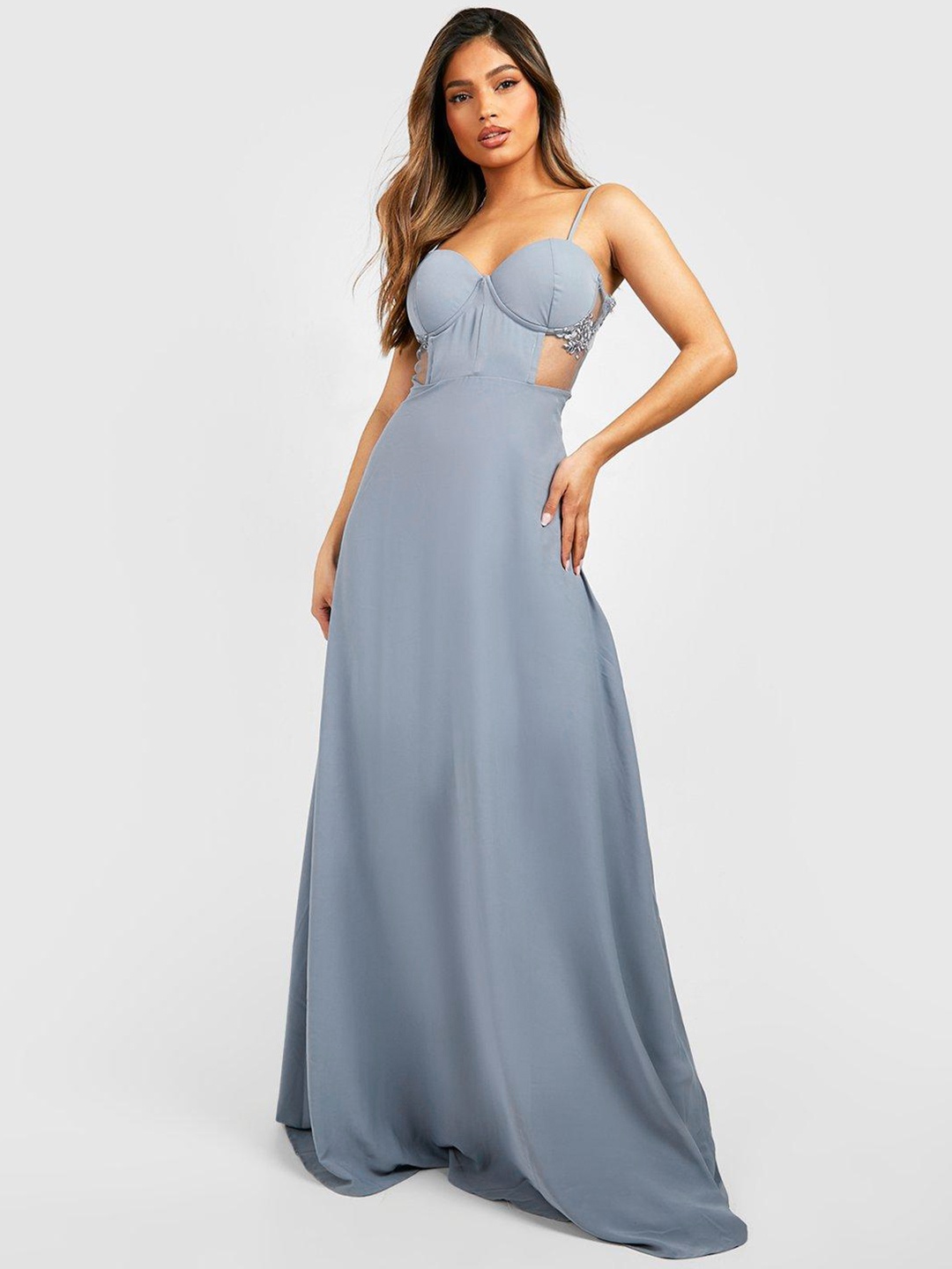 

Boohoo Contrast Lace Corset Styled Back Maxi Dress, Grey