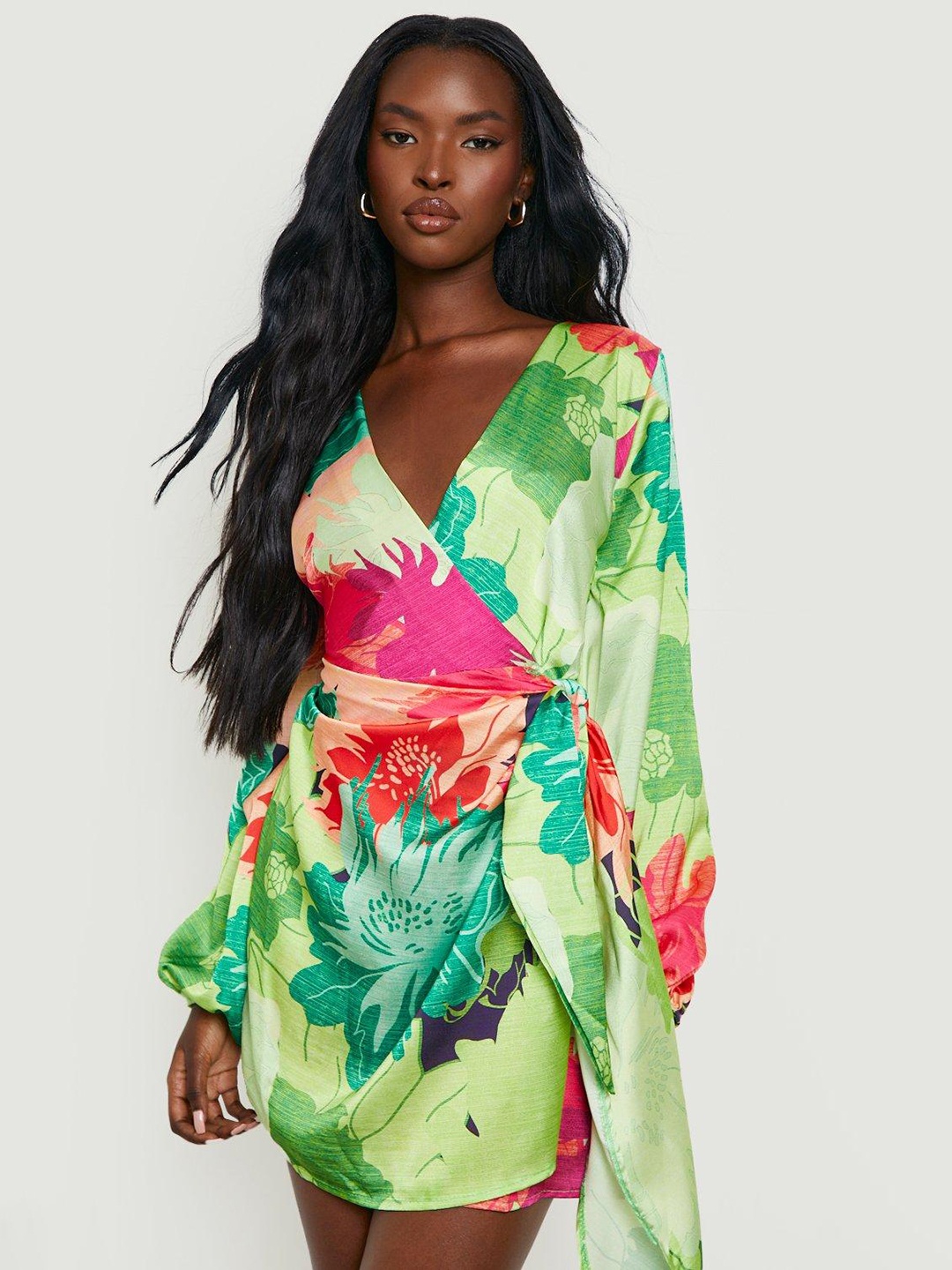 

Boohoo Floral Print Puff Sleeve Satin Mini Wrap Dress, Green