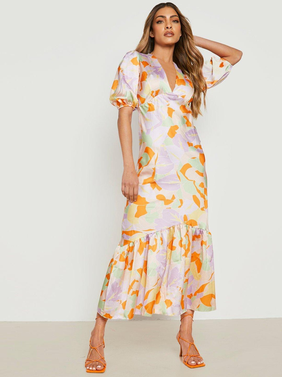 

Boohoo Floral Print Puff Sleeve A-Line Midi Dress, Coral