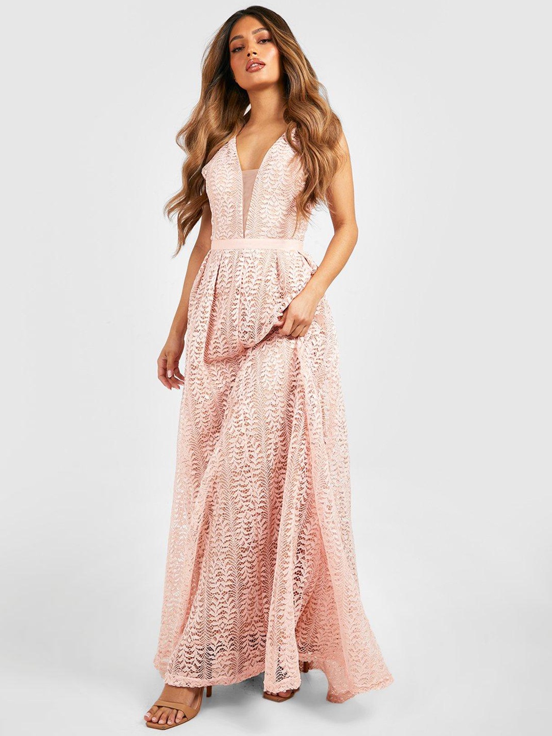 

Boohoo Lace Plunge Bridesmaid Maxi Gown Dress, Peach