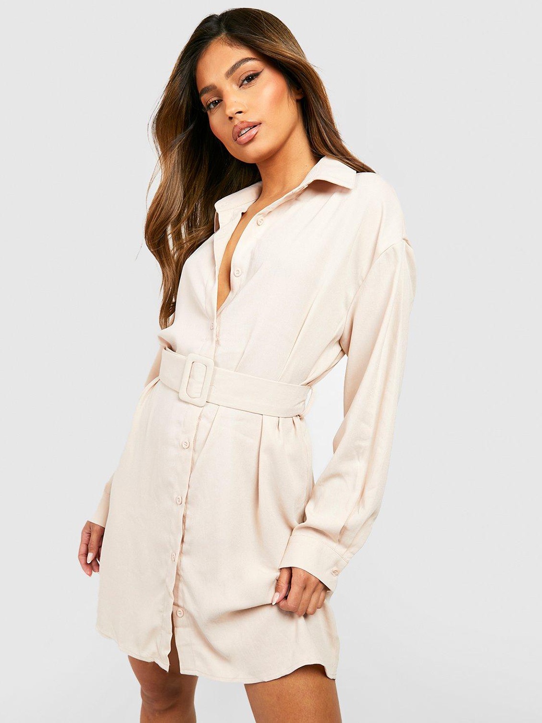 

Boohoo Shirt Mini Dress with Belt, Beige