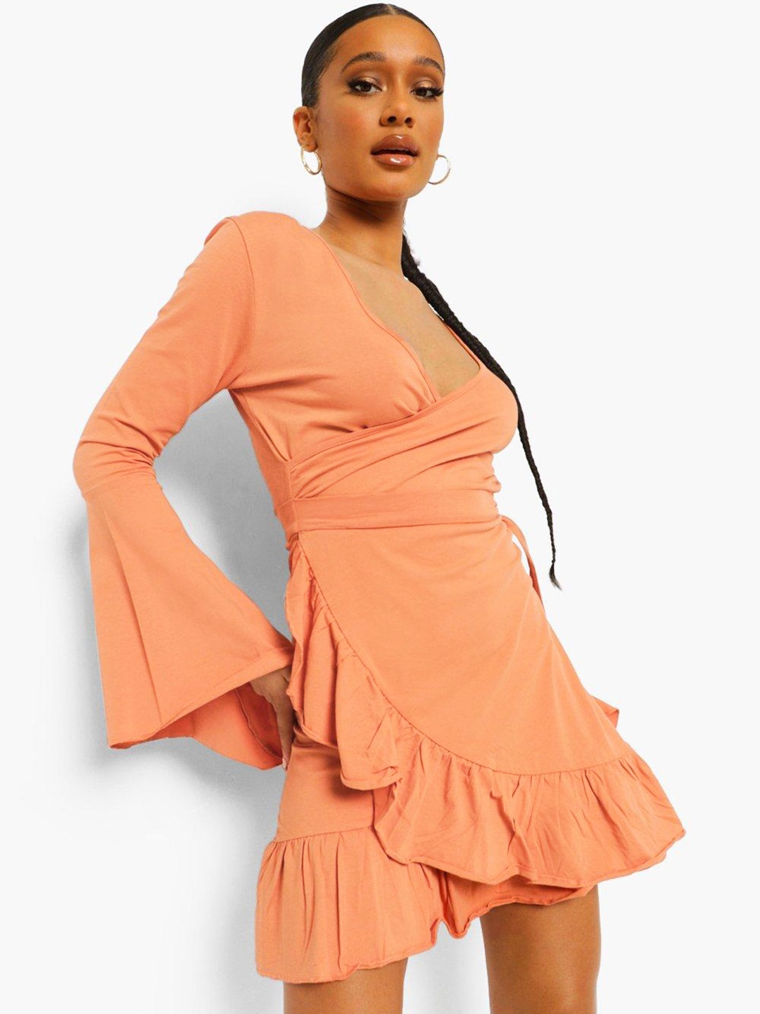 

Boohoo Wrap Ruffled Mini Dress, Rust