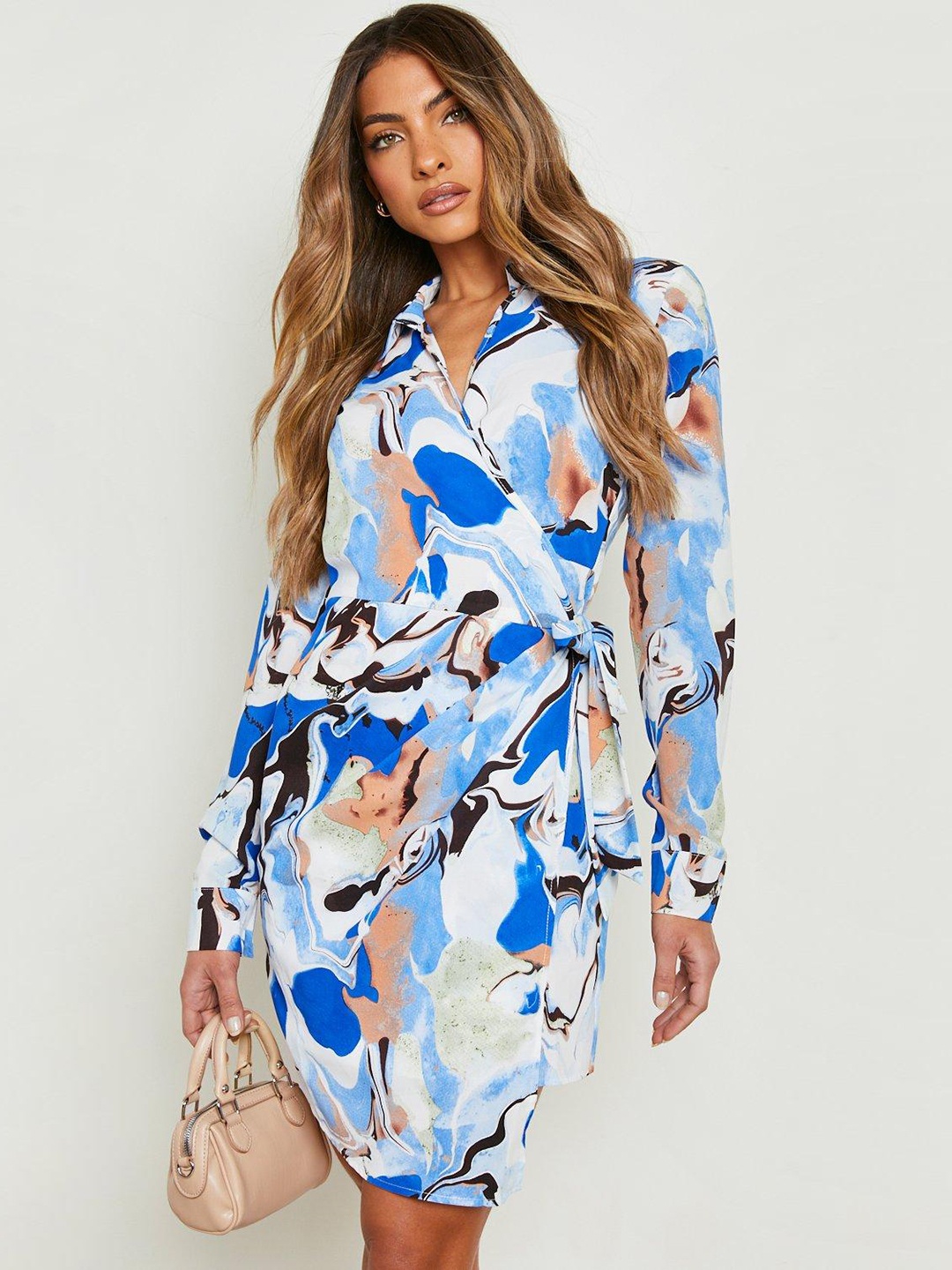 

Boohoo Abstract Print Belted Wrap Dress, White