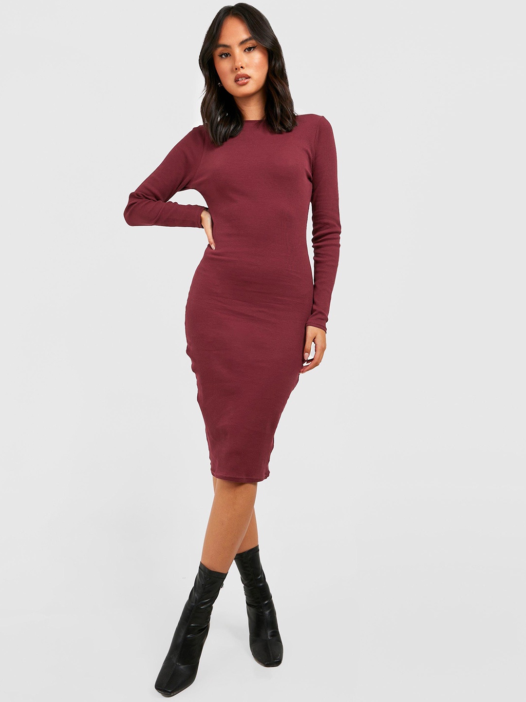 

Boohoo Pure Cotton Ribbed Midi Bodycon Dress, Maroon