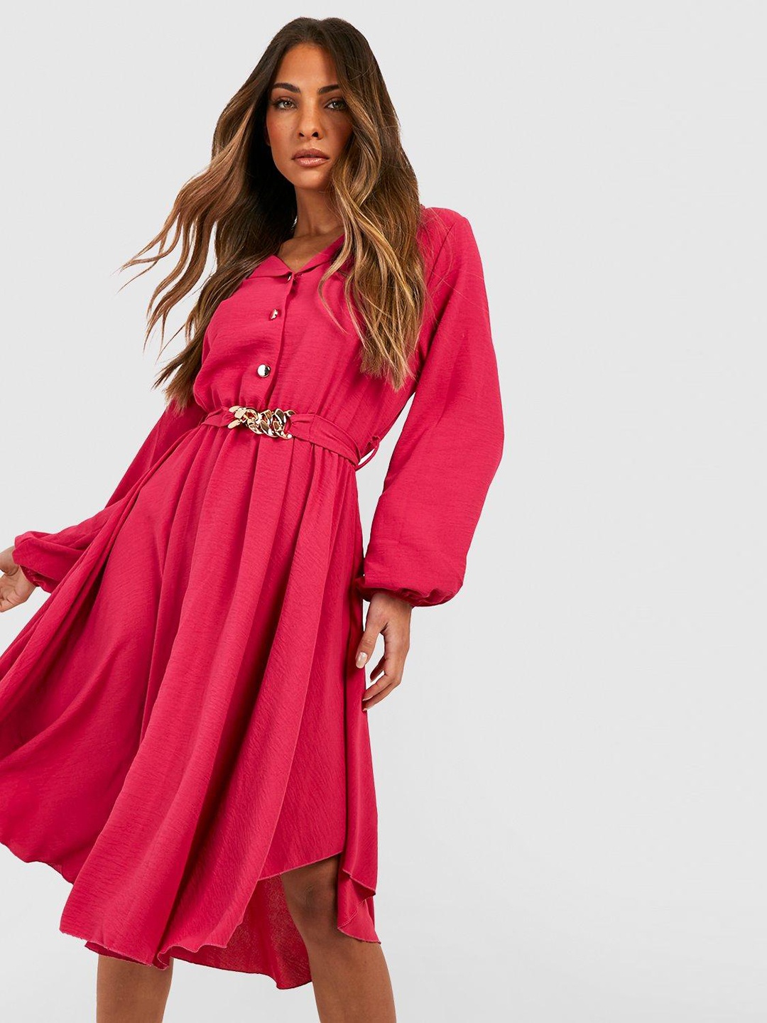 

Boohoo Puff Sleeves Midi Shirt Dress with Belt, Pink