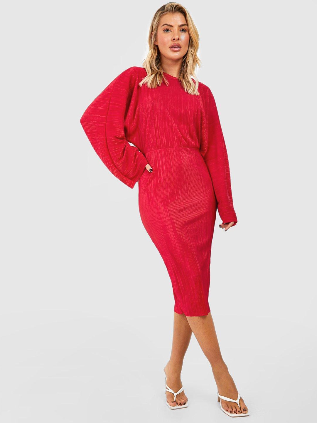 

Boohoo Flared Sleeves Sheath Midi Dress, Red