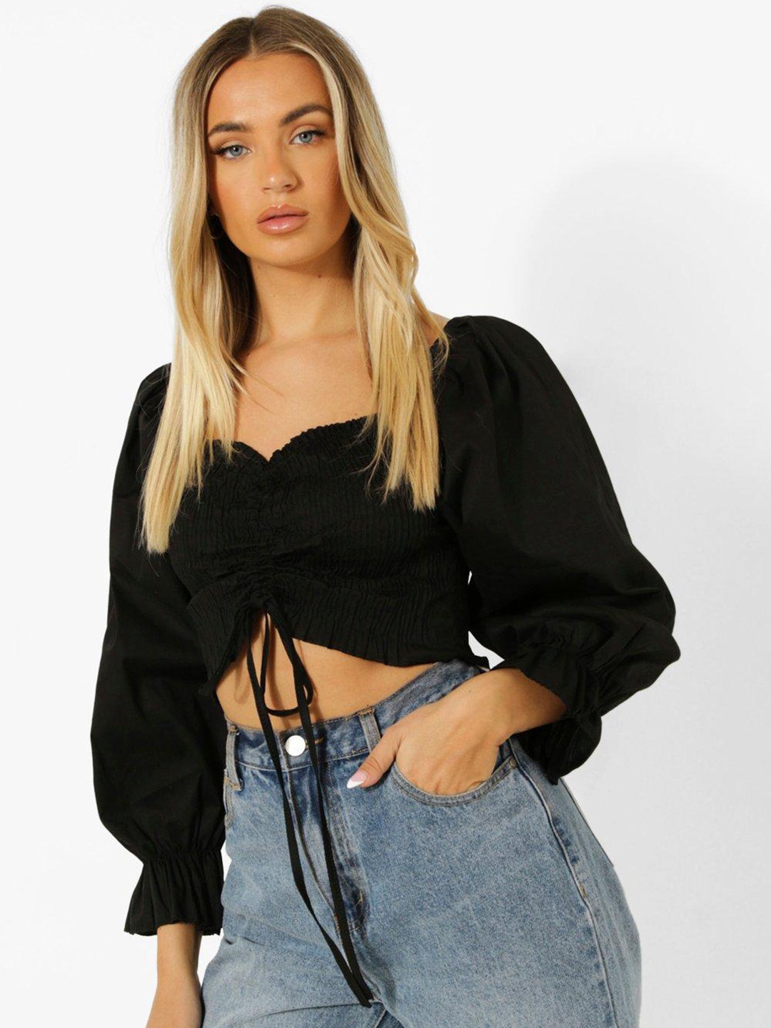 

Boohoo Smocked & Ruched Detail Puff Sleeves Crop Top, Black