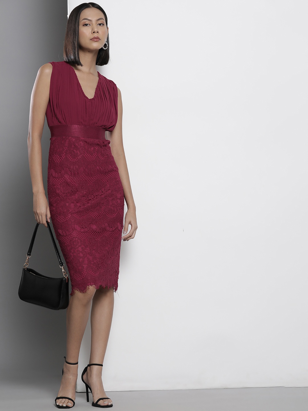 

Boohoo Lace Insert Chiffon Sheath Midi Dress, Maroon