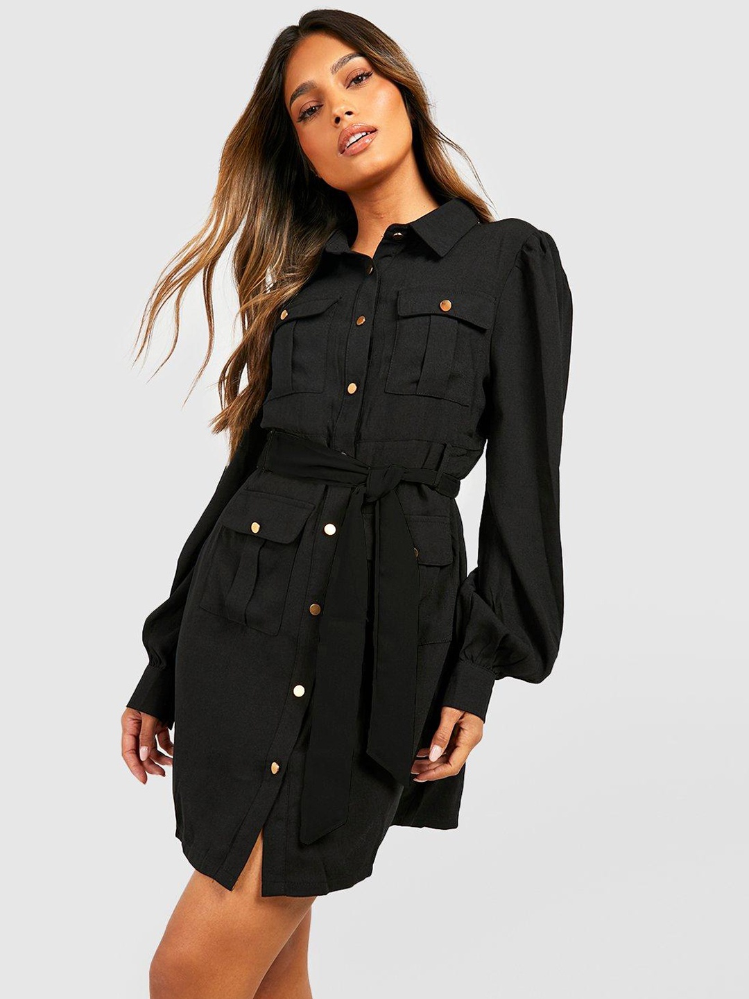 

Boohoo Pocket Detail Shirt Style Mini Dress, Black