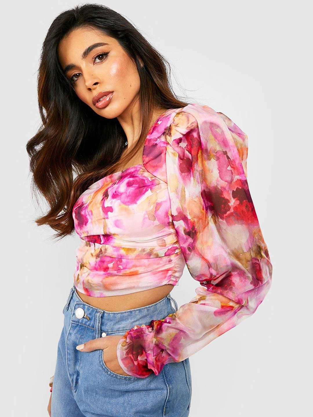 

Boohoo Floral Print Puff Sleeve Crop Top, Pink