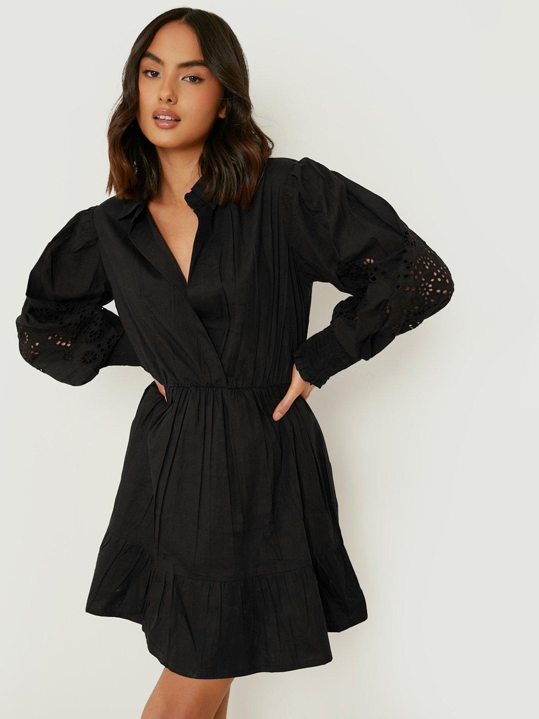 

Boohoo Schiffli Puff Sleeves Gathered Fit & Flare Dress, Black