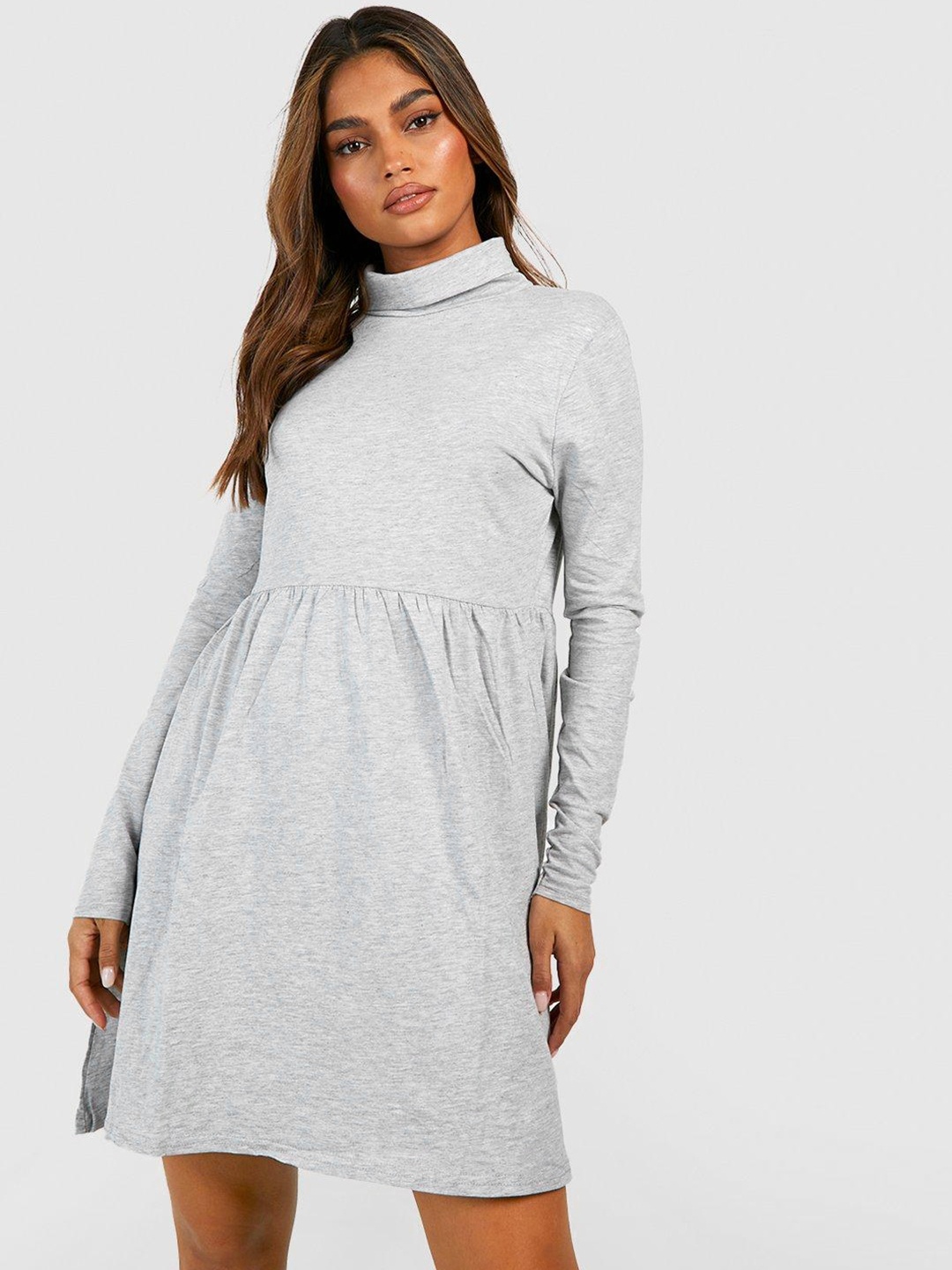 

Boohoo Turtle Neck Gathered A-Line Dress, Grey melange