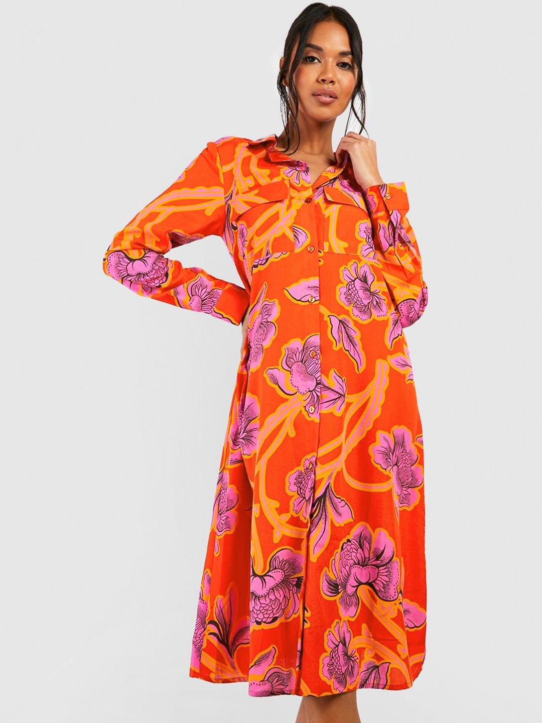 

Boohoo Floral Printed Shirt Dress, Orange