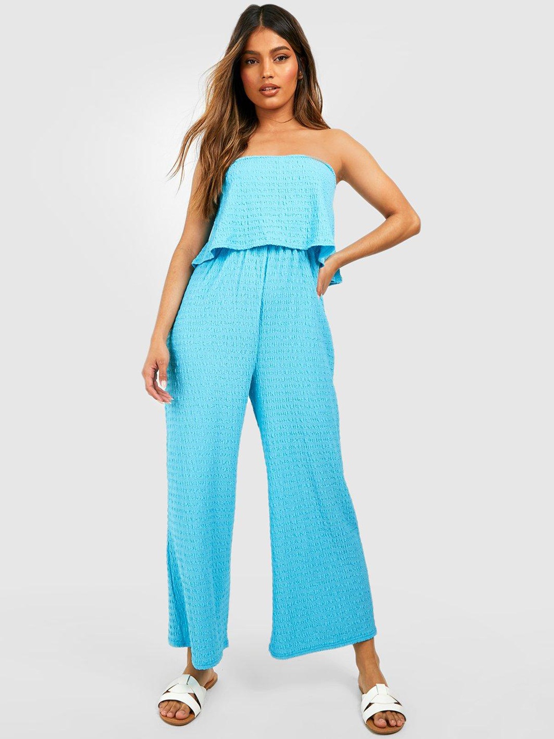 

Boohoo Textured Strapless Basic Jumpsuit with Layered, Blue