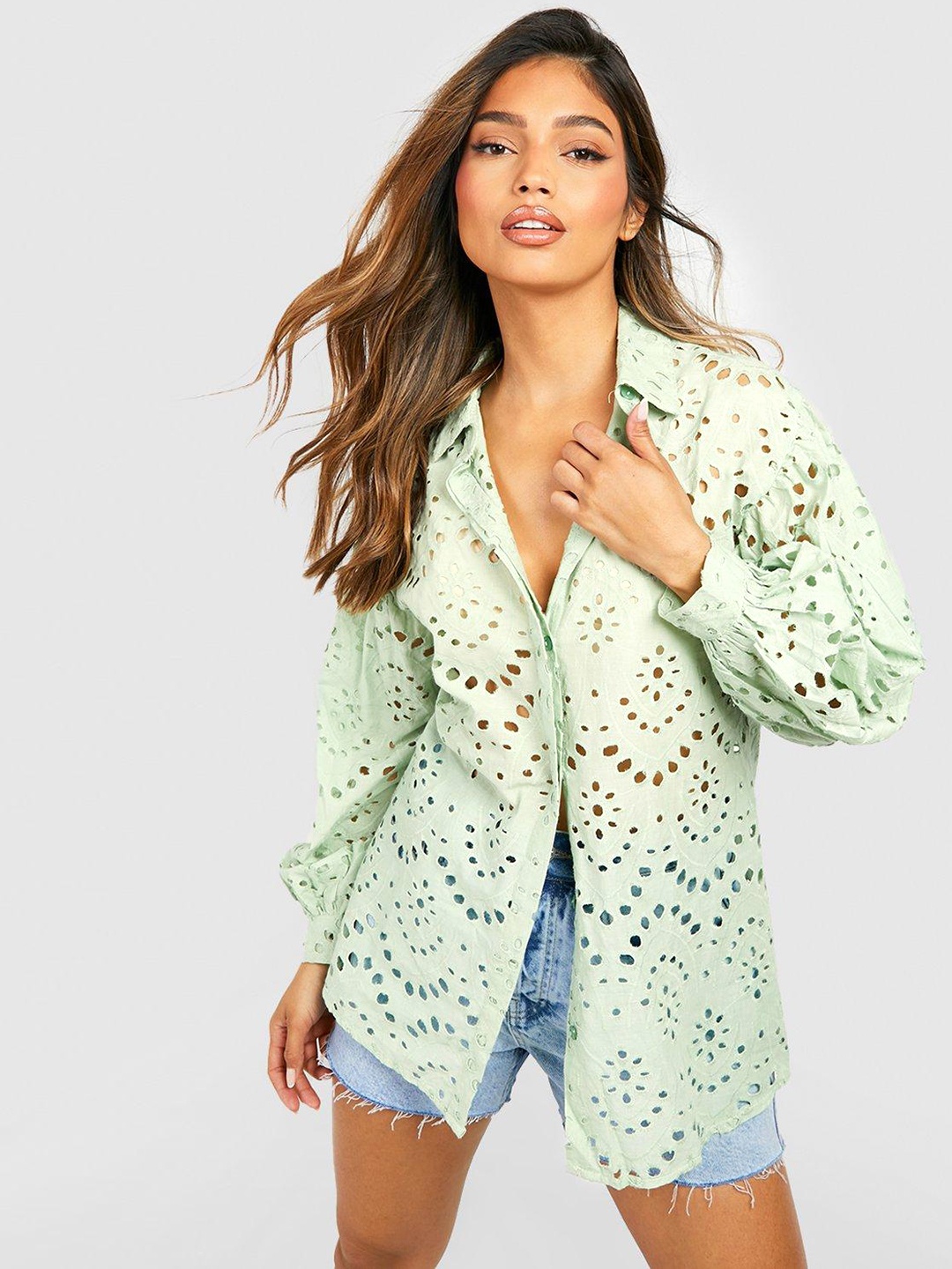

Boohoo Schiffli Detail Semi Sheer Oversized Shirt, Green