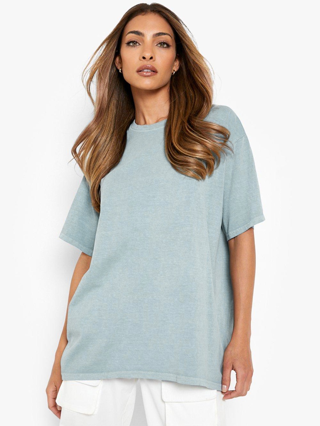 

Boohoo Typography Printed Back Drop-Shoulder Pure Cotton T-shirt, Blue