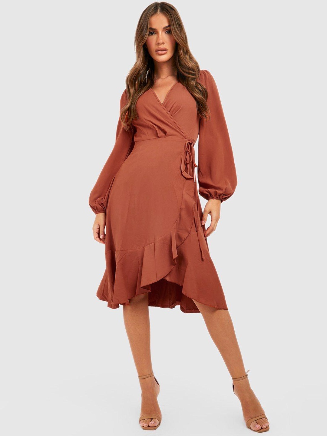 

Boohoo Puff Sleeves Ruffled Midi Wrap Dress, Rust