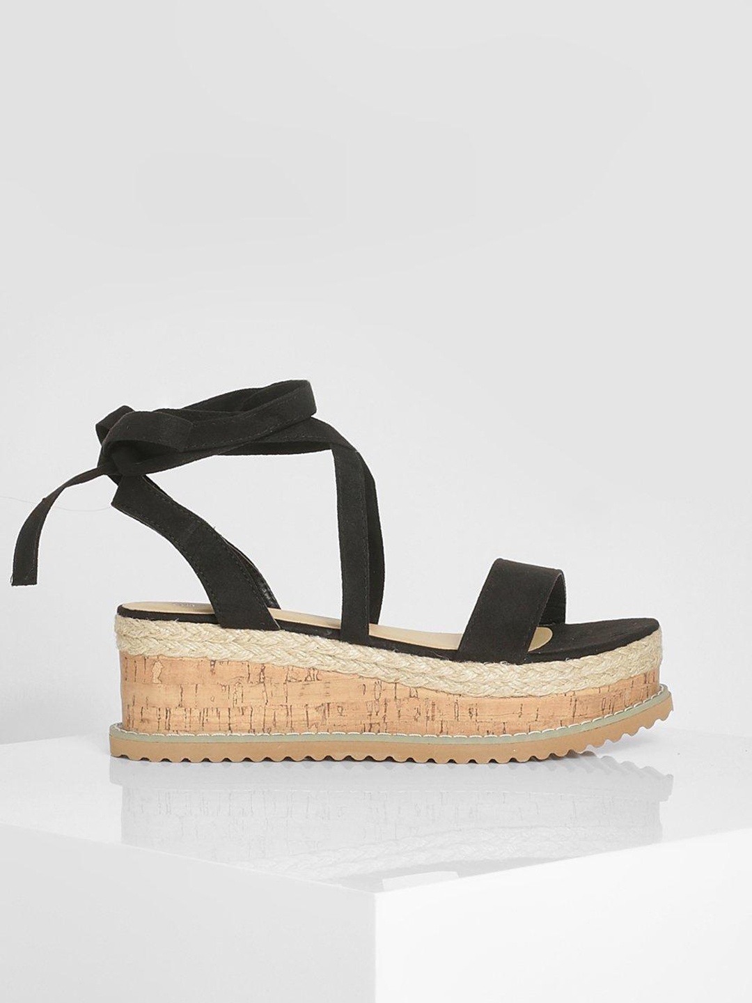 

Boohoo Wide Fit Wrap Up Cork Flatform Sandals, Black