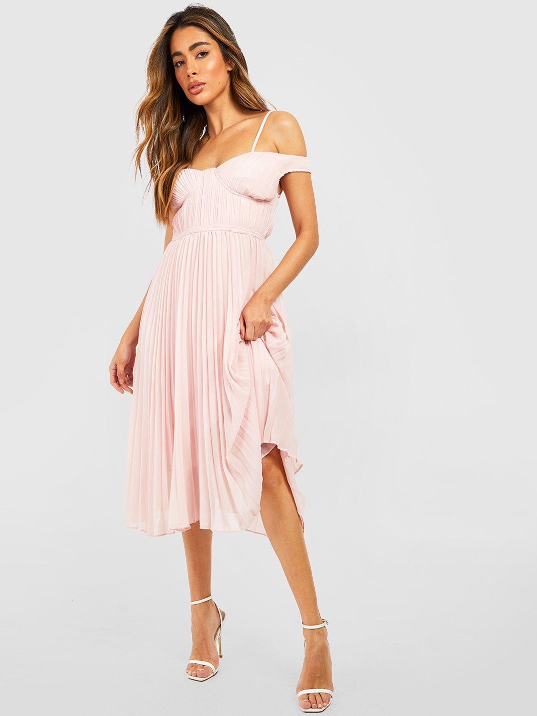 

Boohoo Accordion Pleats Cold-Shoulder Midi Fit & Flare Dress, Pink