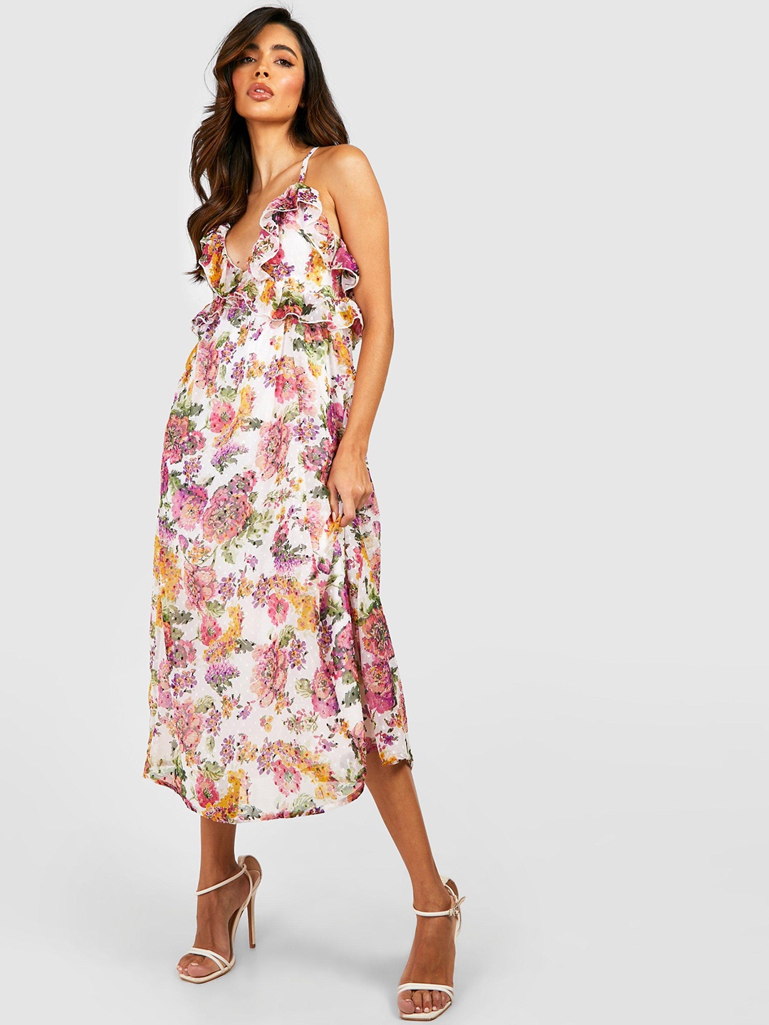 

Boohoo Chiffon Floral Print Ruffled Midi Slip Dress, Pink
