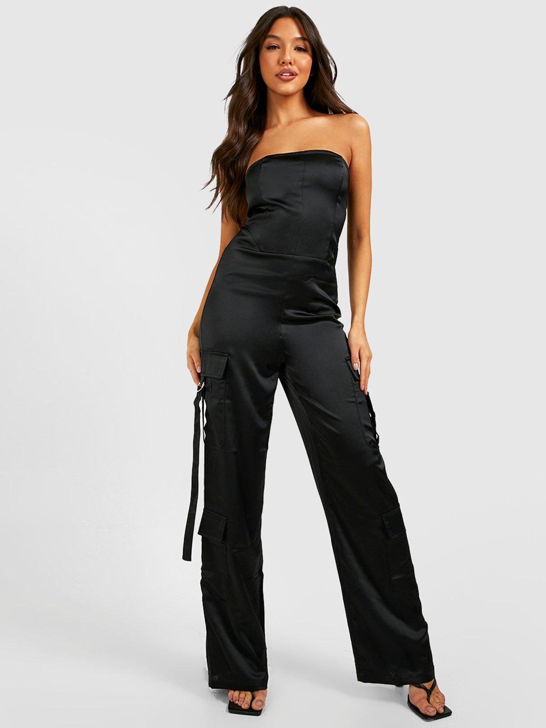 

Boohoo Strapless Cargo Style Utility Basic Jumpsuit, Black