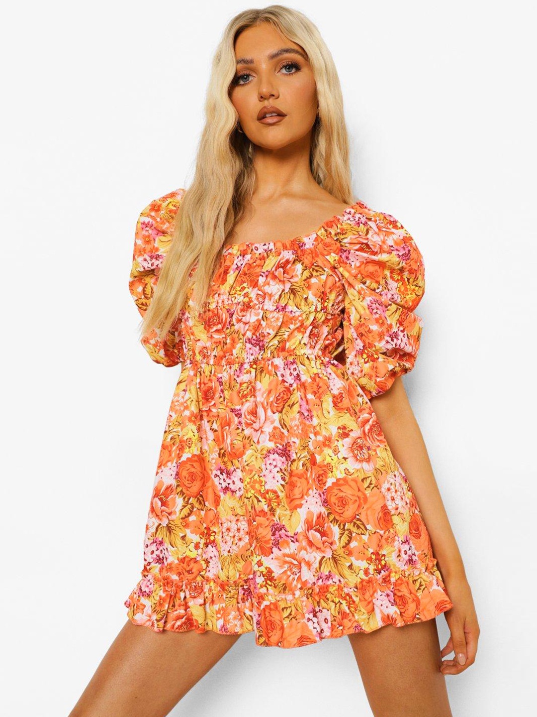 

Boohoo Floral Print Ruched Jumpsuit, Orange