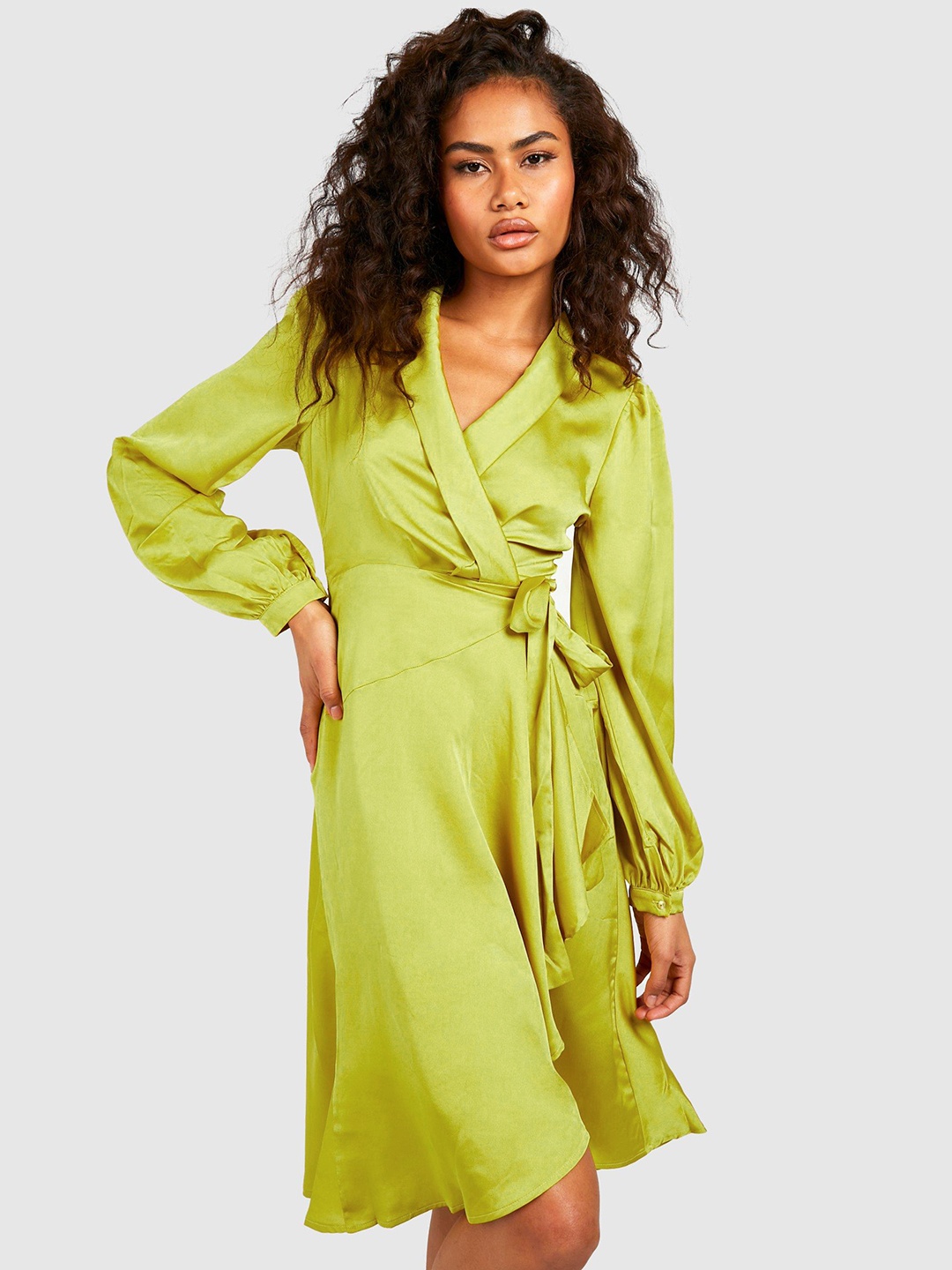 

Boohoo Puff Sleeves Midi Wrap Dress with Satin Finish, Lime green