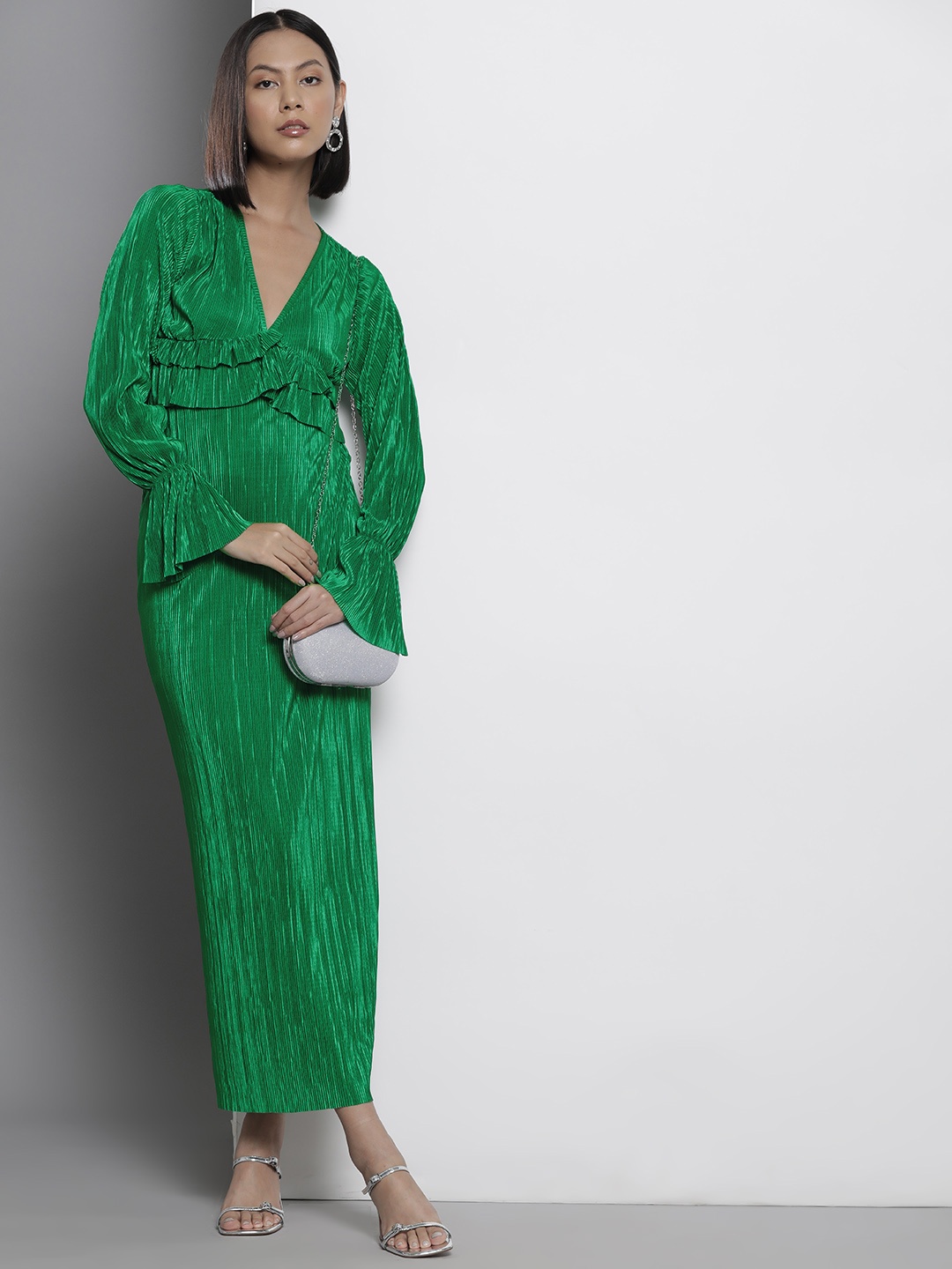 

Boohoo Plisse Bell Sleeve Ruffled Maxi Dress, Green