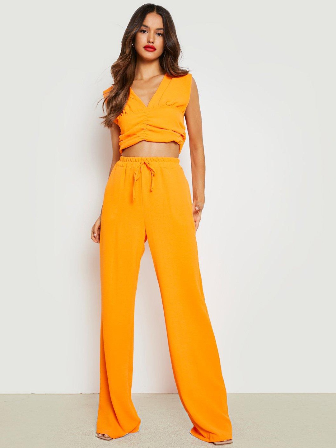 

Boohoo Women Textured Ruched Front Crop Top & Wide Leg Trouser, Orange