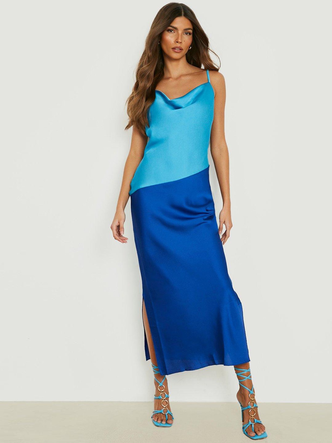 

Boohoo Colourblocked Satin A-Line Midi Slip Dress, Blue