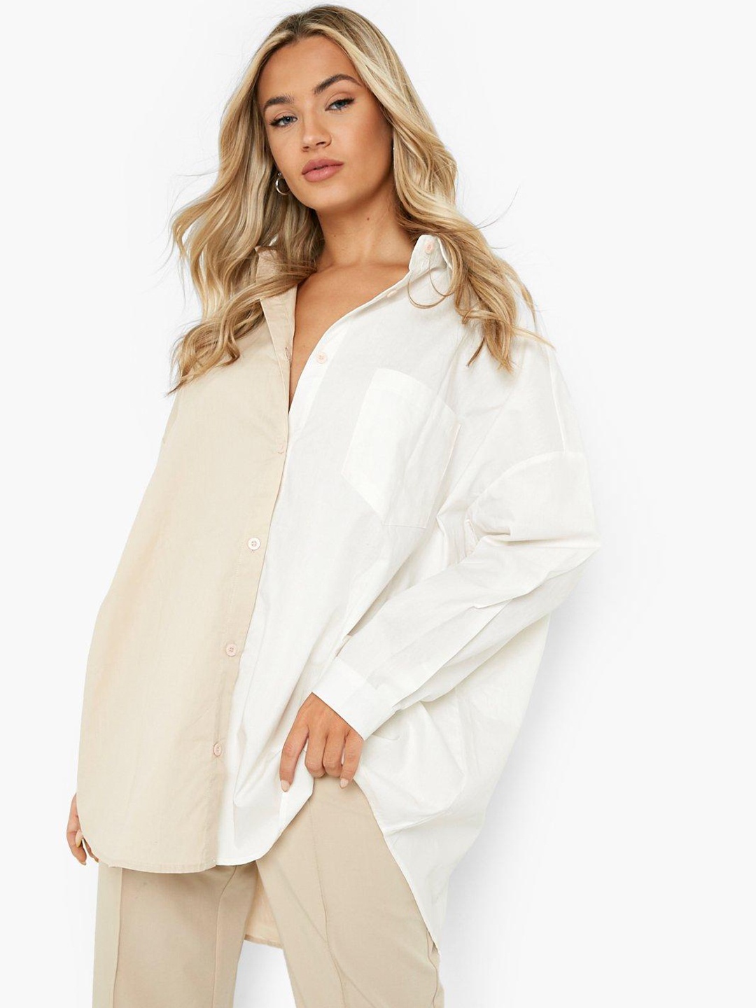 

Boohoo Colourblocked Oversized Longline Shirt, Beige