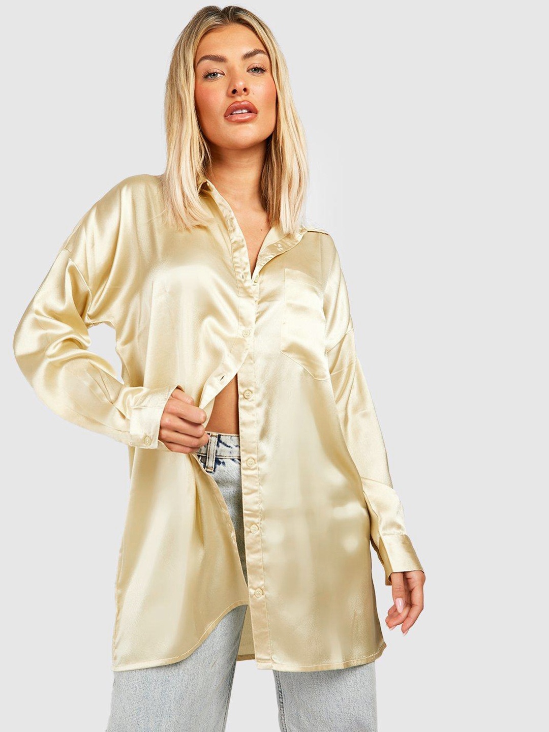 Boohoo Pure Cotton Drop Sleeves Longline Oversized Shirt, Gold