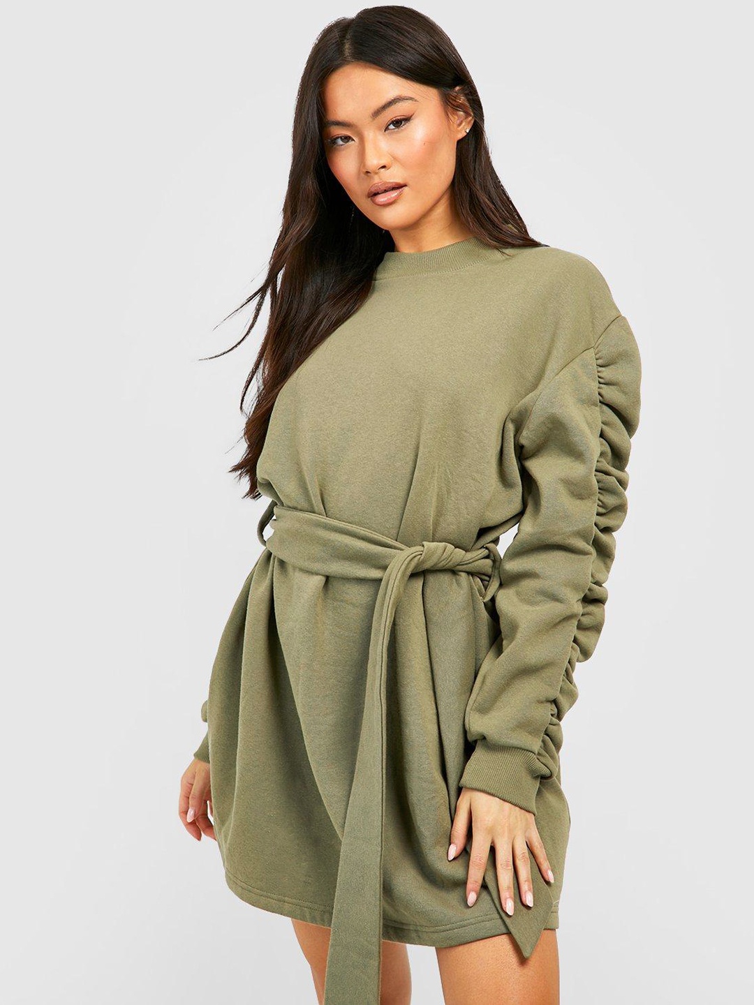 

Boohoo Ruched Drop Shoulder Sleeves Jumper Dress with Belt, Olive