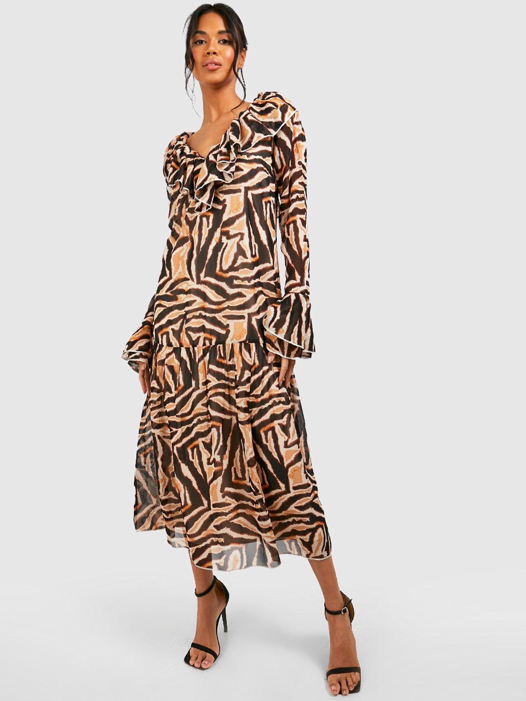 

Boohoo Animal Print Ruffled Chiffon A-Line Midi Dress, Beige