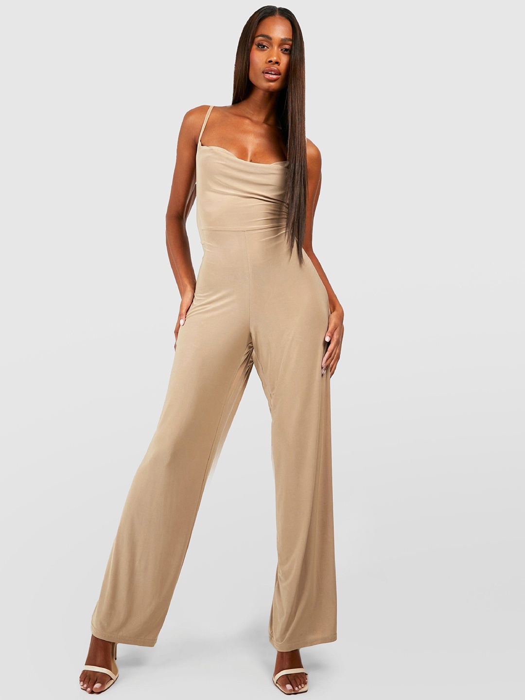 

Boohoo Cowl Neck Basic Jumpsuit, Beige