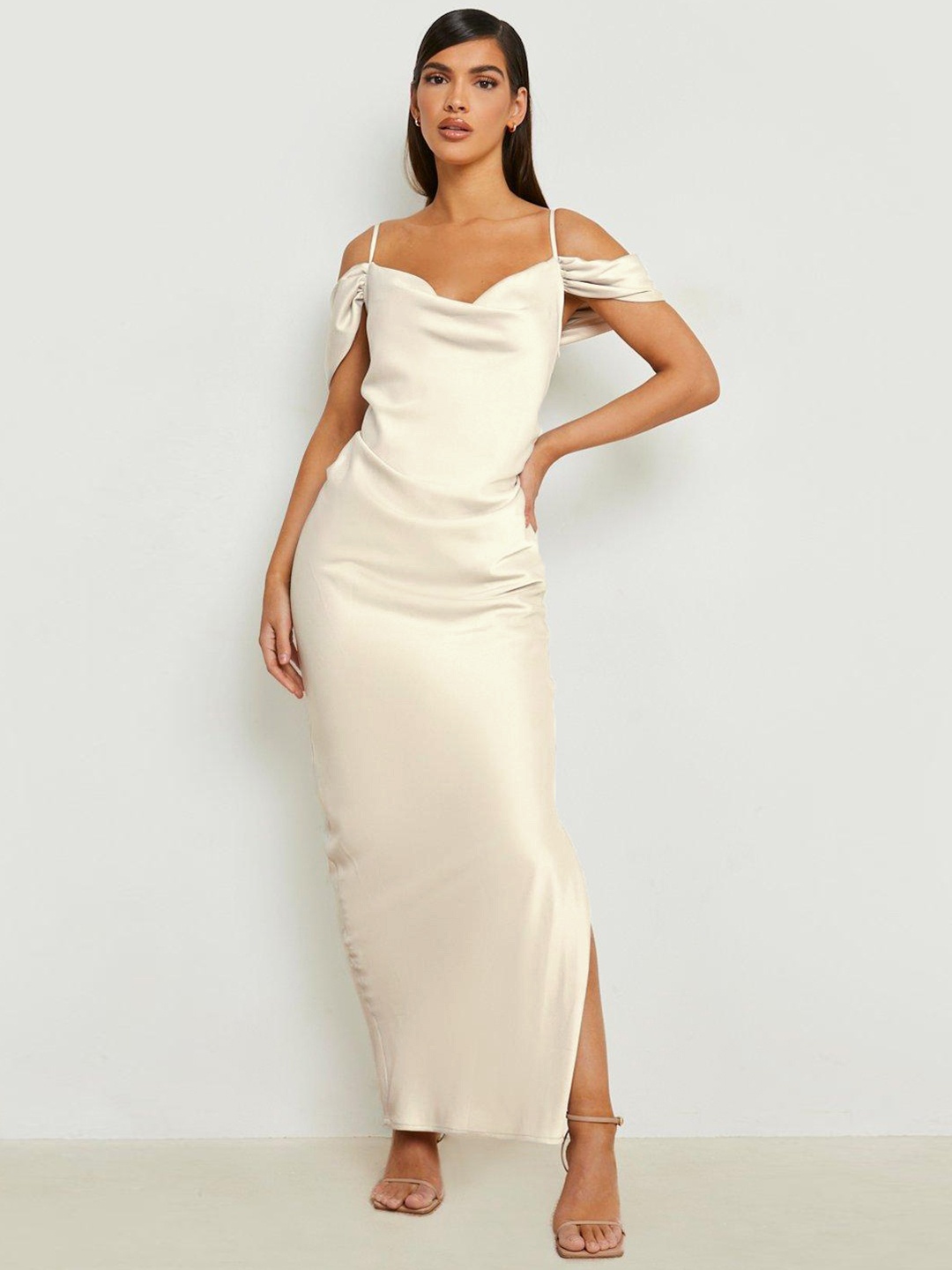 

Boohoo Cold-Shoulder Satin Bodycon Maxi Dress, Beige