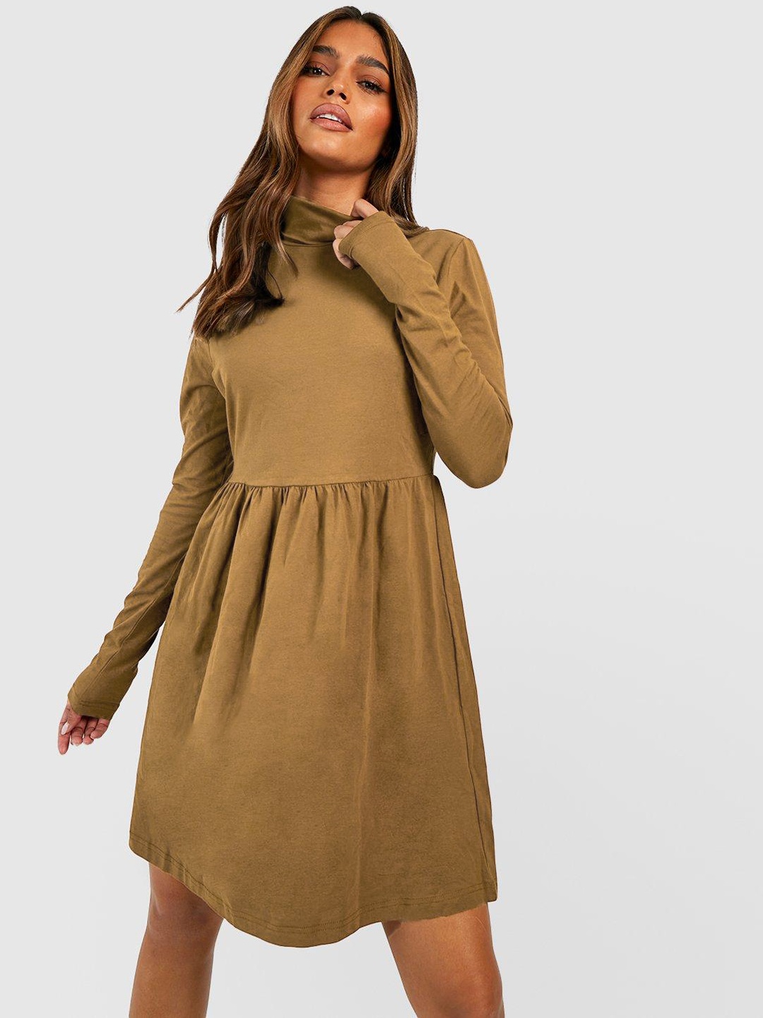 

Boohoo Turtle Neck Gathered A-Line Dress, Brown
