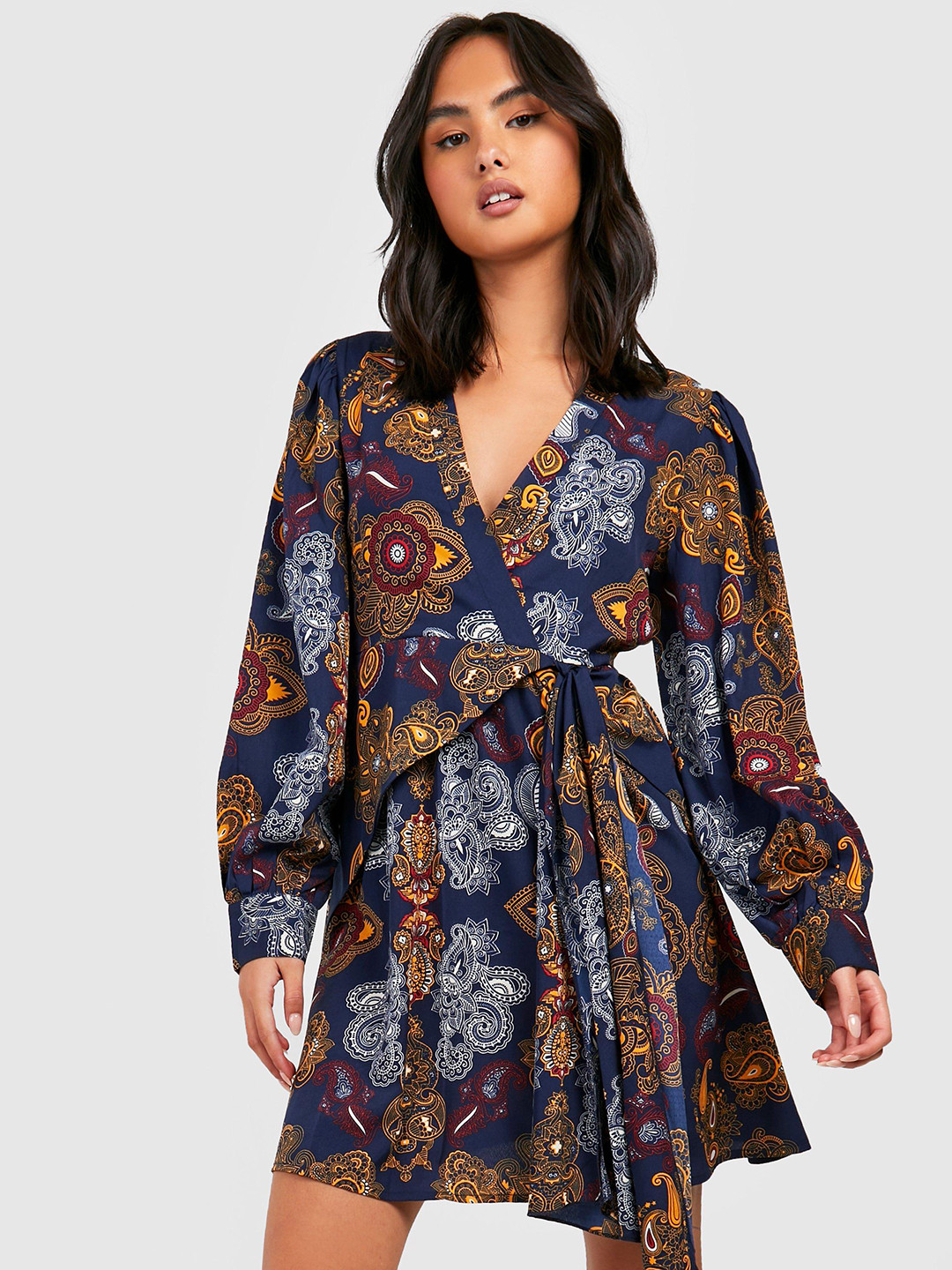 

Boohoo Ethnic Motifs Print Puff Sleeves Mini Wrap Dress, Navy blue